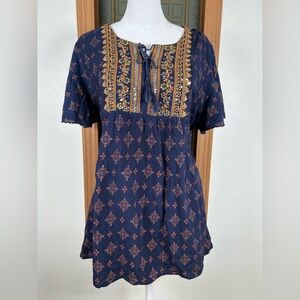 Lapogee Desi Embroidered Sequin Top 1X Blue Flutter Sleeve Front Tie